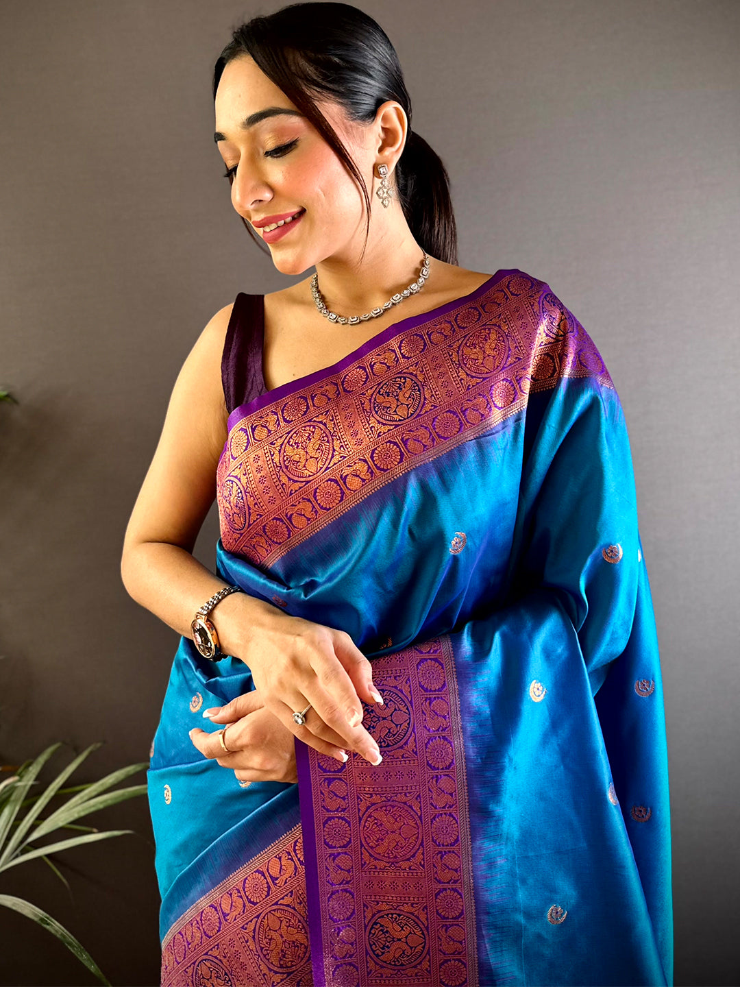 Blue Peacock Feather Paithani Soft Silk Saree