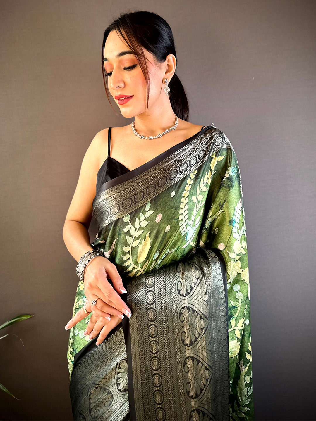 Green Floral Animal Batik Soft Silk Saree