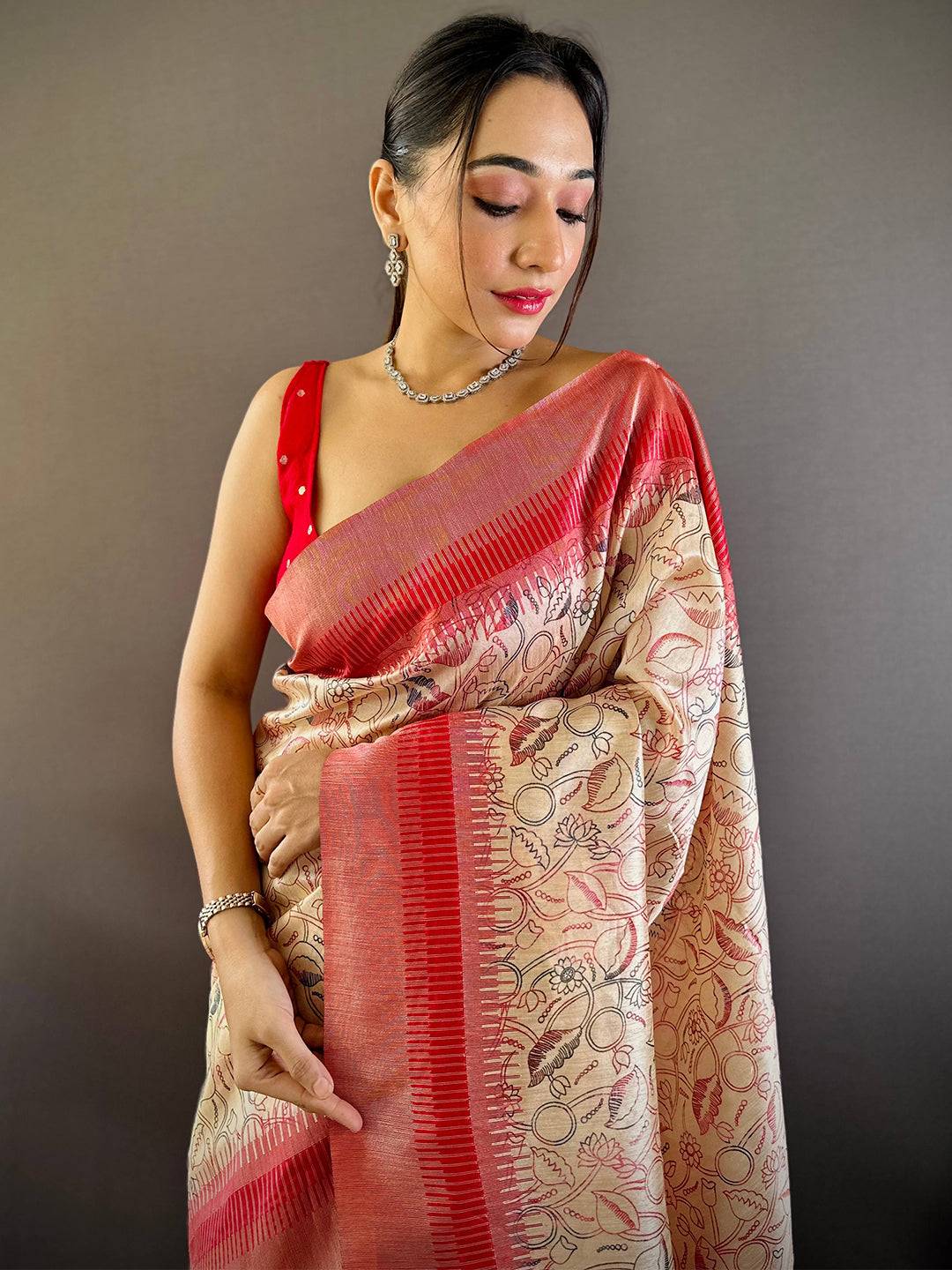 Off White Floral Tussar Silk Saree