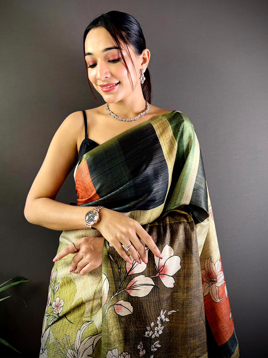 Light Green Tussar Zari Floral Saree