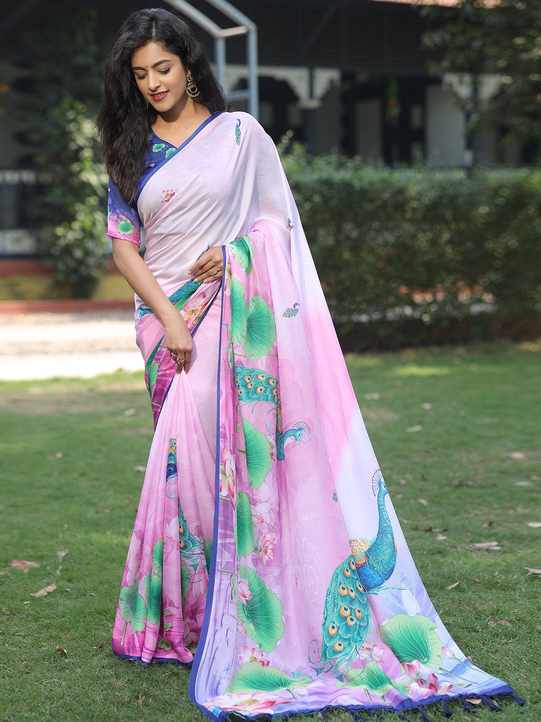 Exclusive Satin Georgette Pink Colour Hand Print Saree