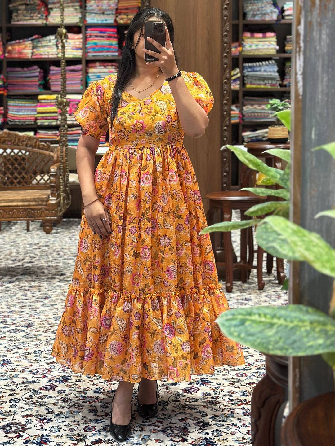 Charming Sunset Yellow V Neck Midi Dress in boutique