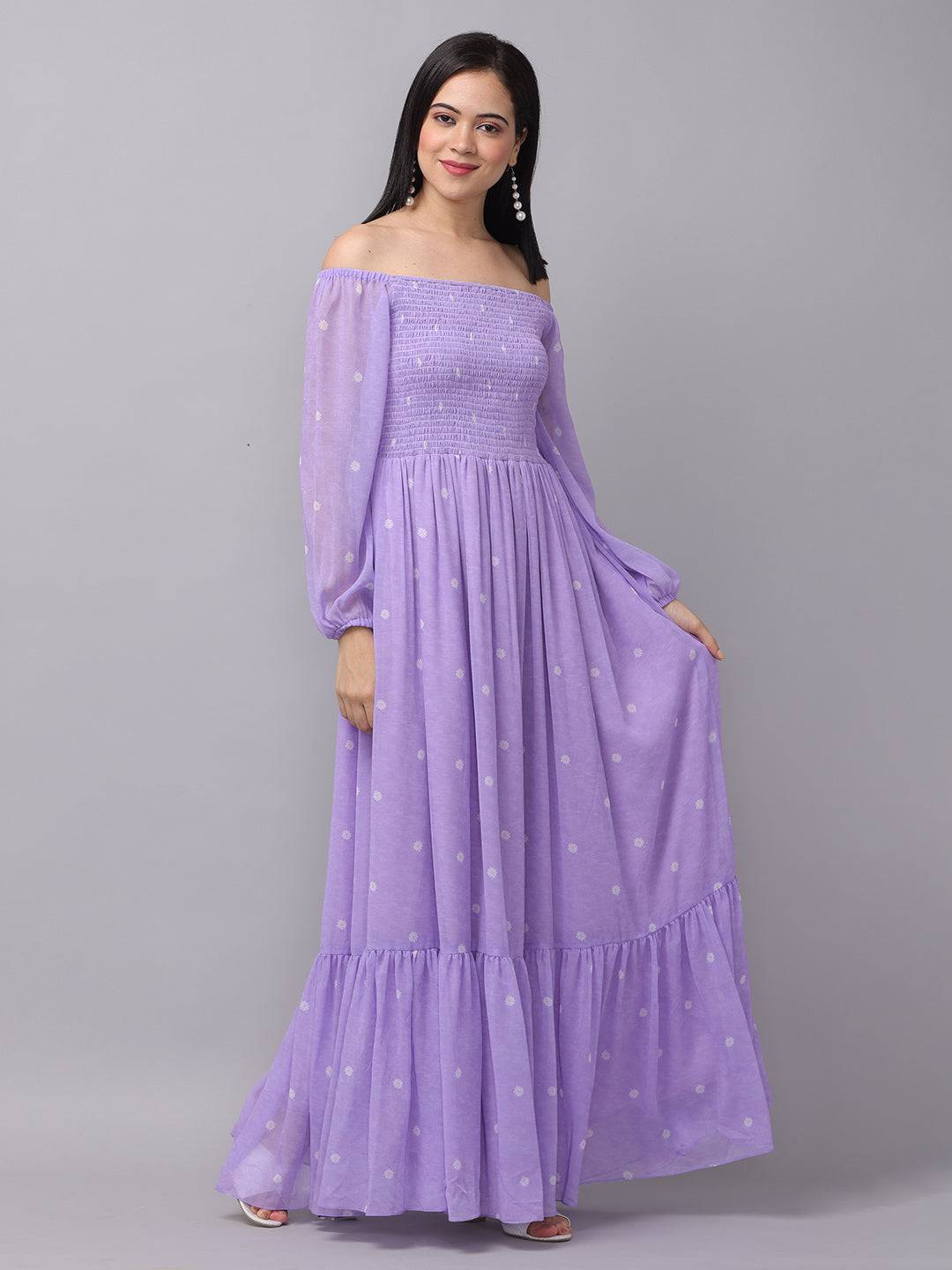 Lilac polka dot smocked maxi dress with off-shoulder style