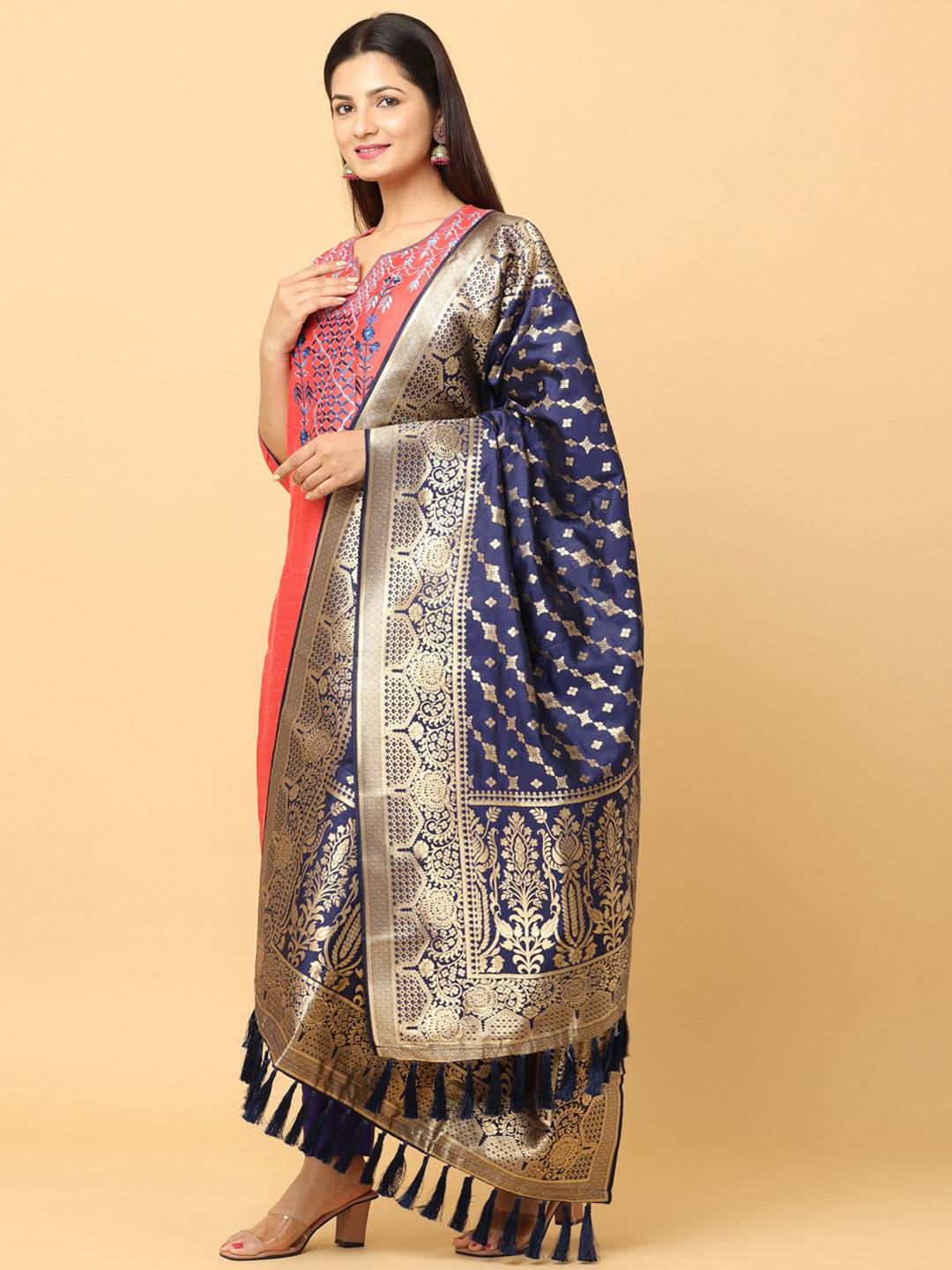 Model showcasing navy silk blend dupatta with detailed design