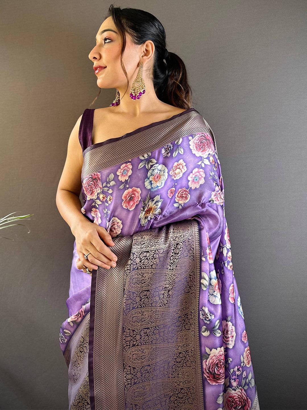 Iris Purple Satin Silk Floral Print Saree