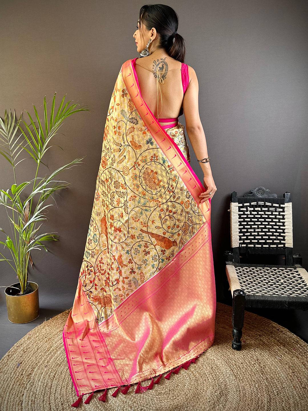 Golden Beige Paithani Kora Silk Saree