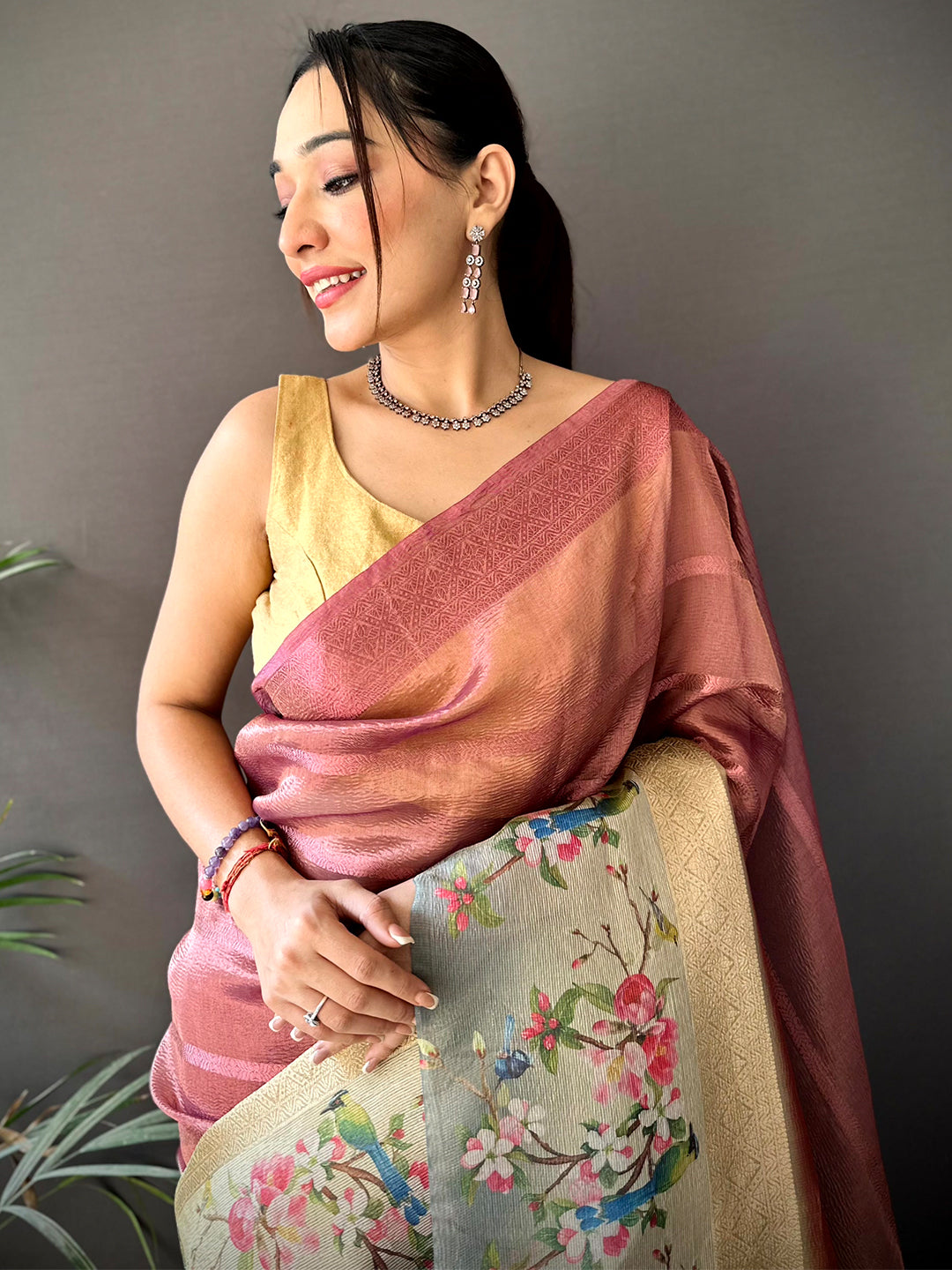 Wine Ombre Zari Tissue Digital Print Saree