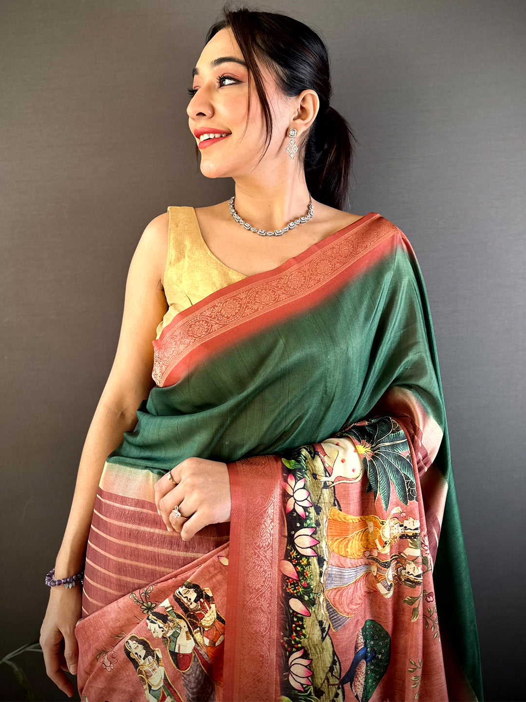 Dark Green Kalamkari Ombre Soft Silk Saree