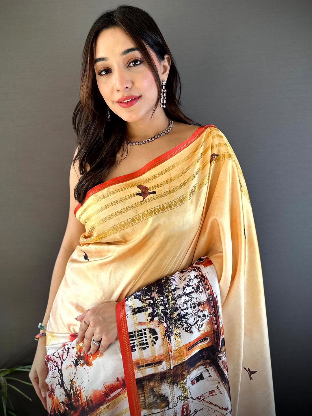 Yellow Japanese Freehand Digital Print Saree