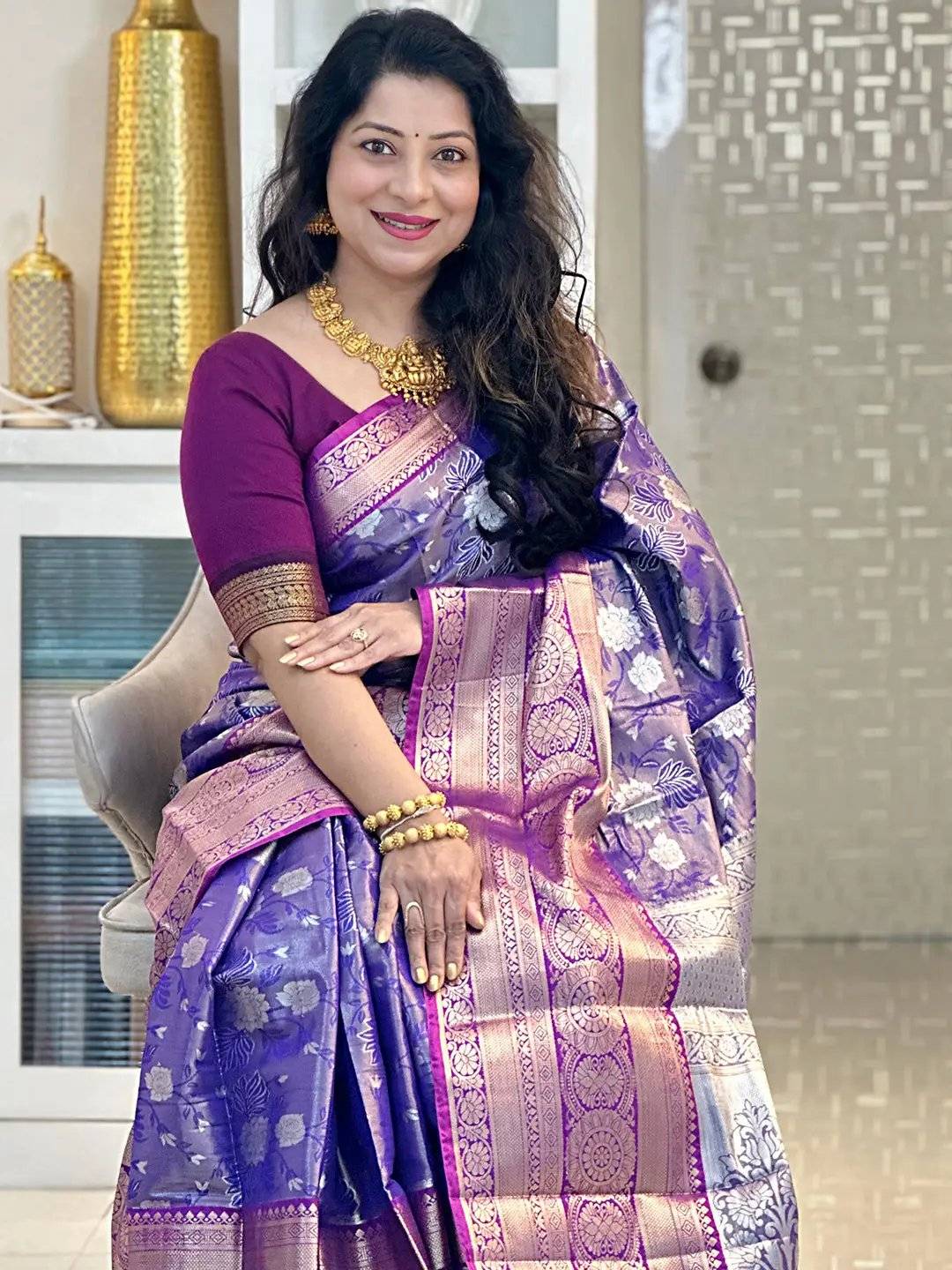 Purple Banarasi Silk Saree – WeaveinIndia