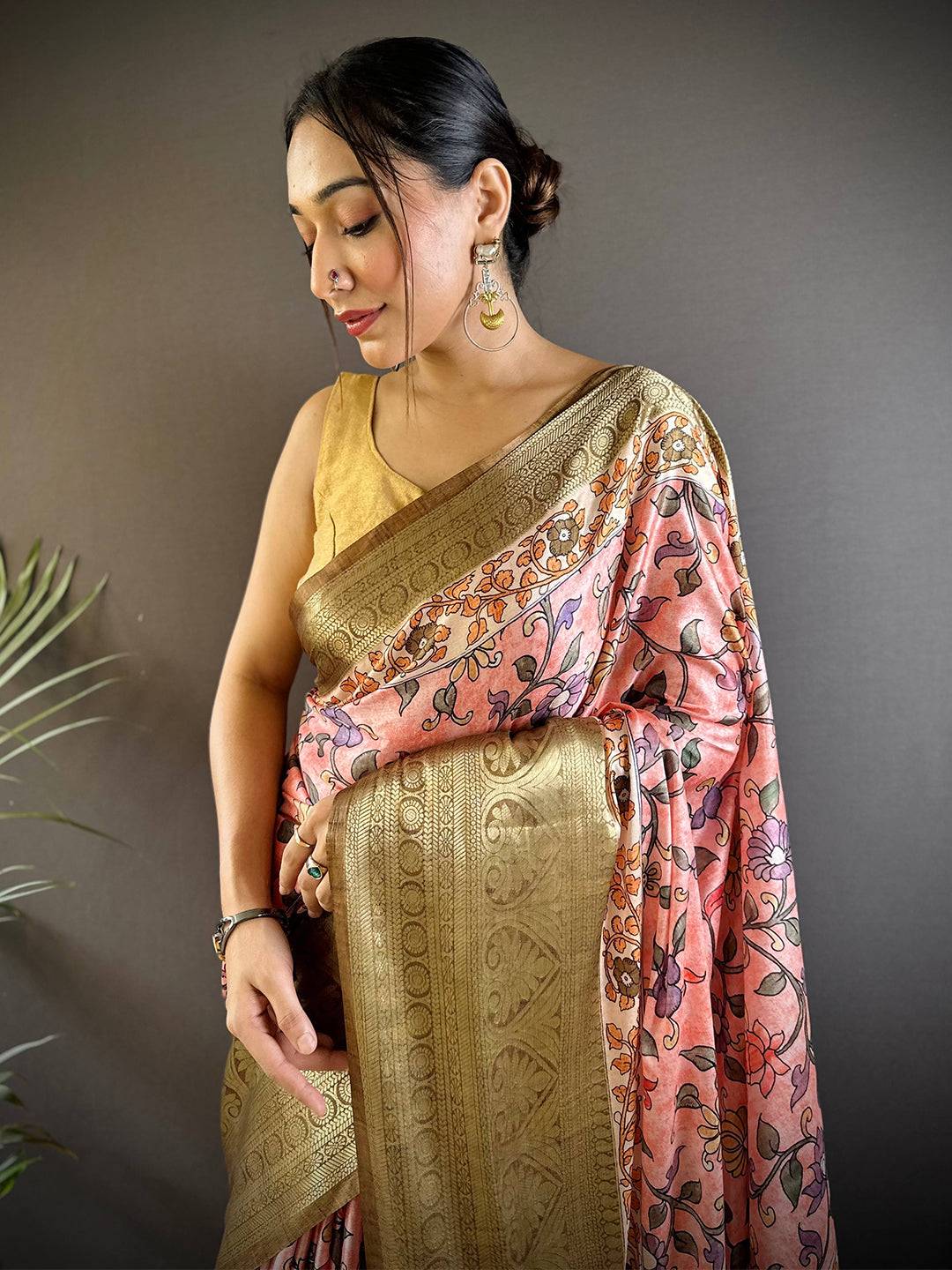 Peach Floral Kalamkari Print Saree