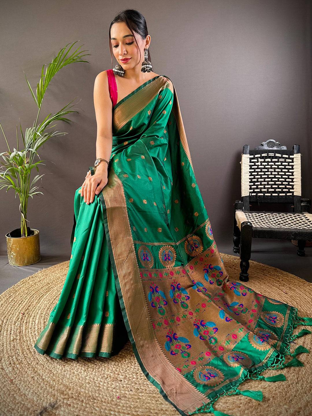 Jade Green Copper Elegance Soft Silk Saree