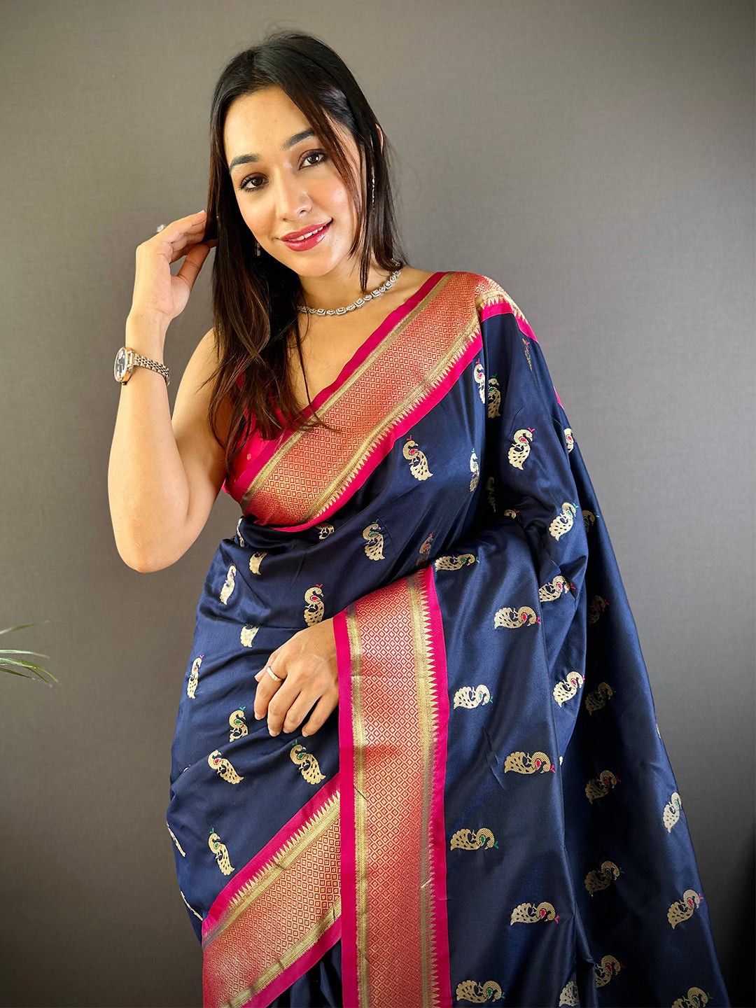 Trendy Yevla Paithani Minakari Work Silk Saree in Navy Colour