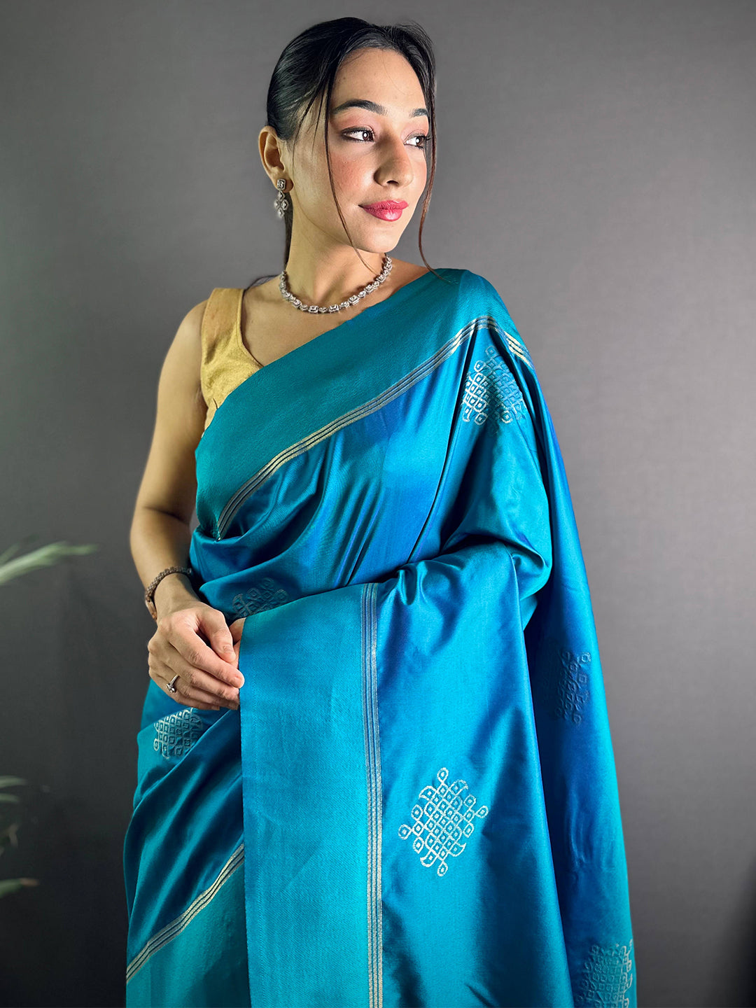 Turquoise Peacock Kolam Silk Heritage Saree