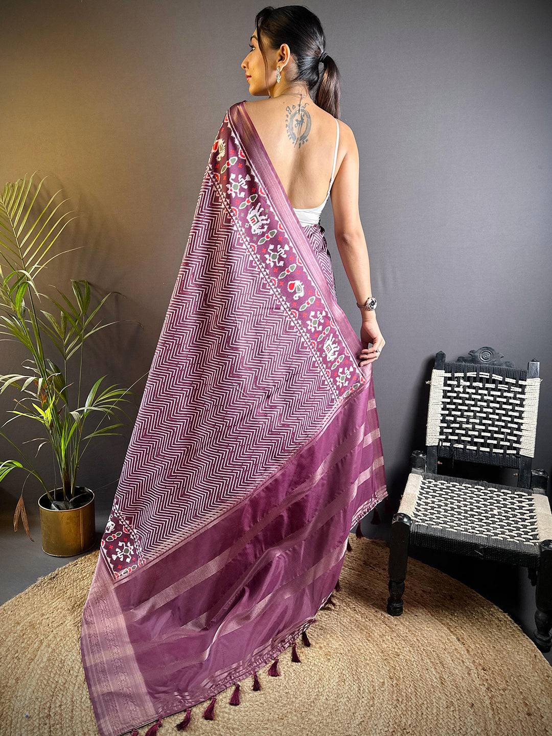 Dark Burgundy Zig Zag Kalamkari Kanchi Silk Saree