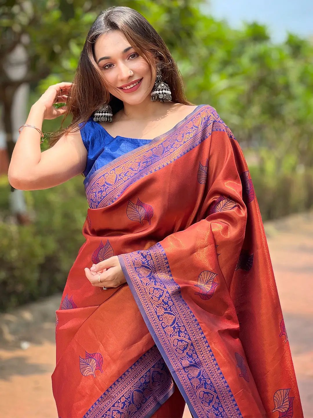 Rust Red Kanjivaram Tissue Saree With Gold Zari Weaving