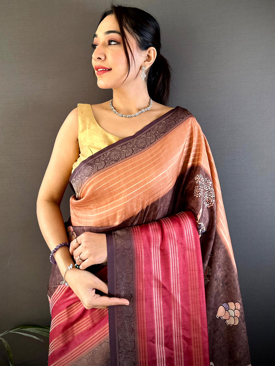 Brown Soft Crep Silk Ombre Print Saree