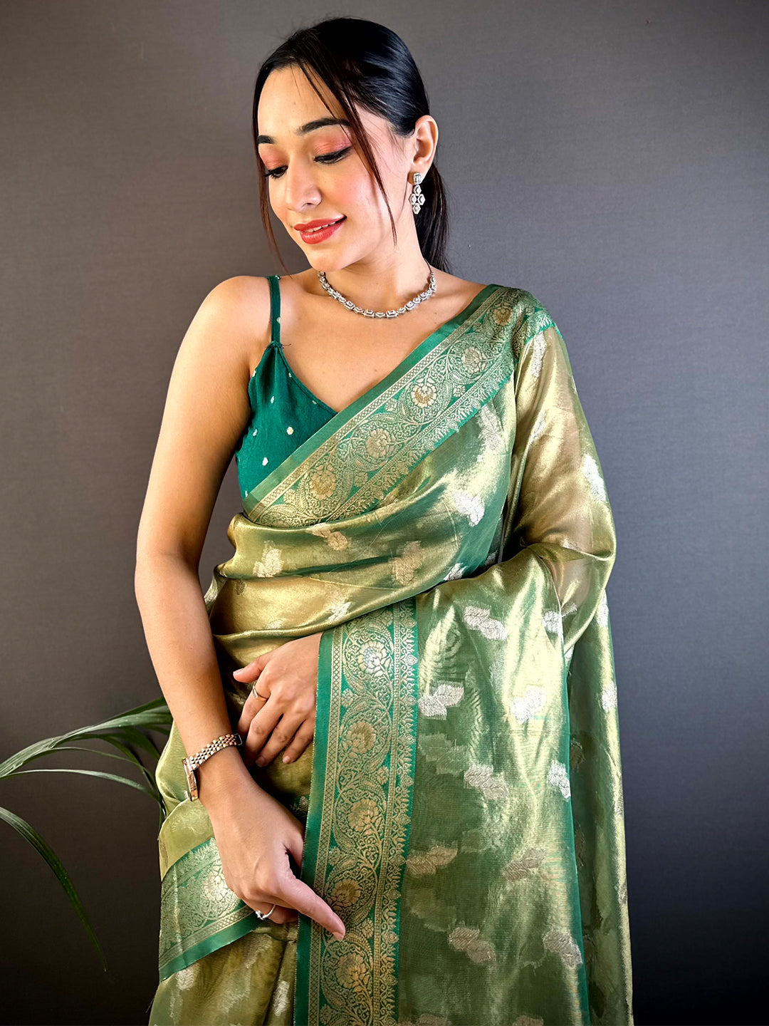 Serene Forest Green Kora Tissue Saree