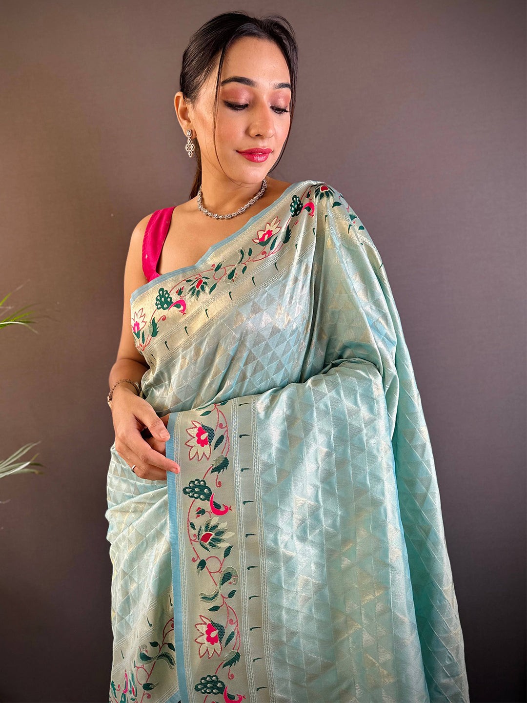 Sky Blue Silk Blend Paithani Saree with Zari Work