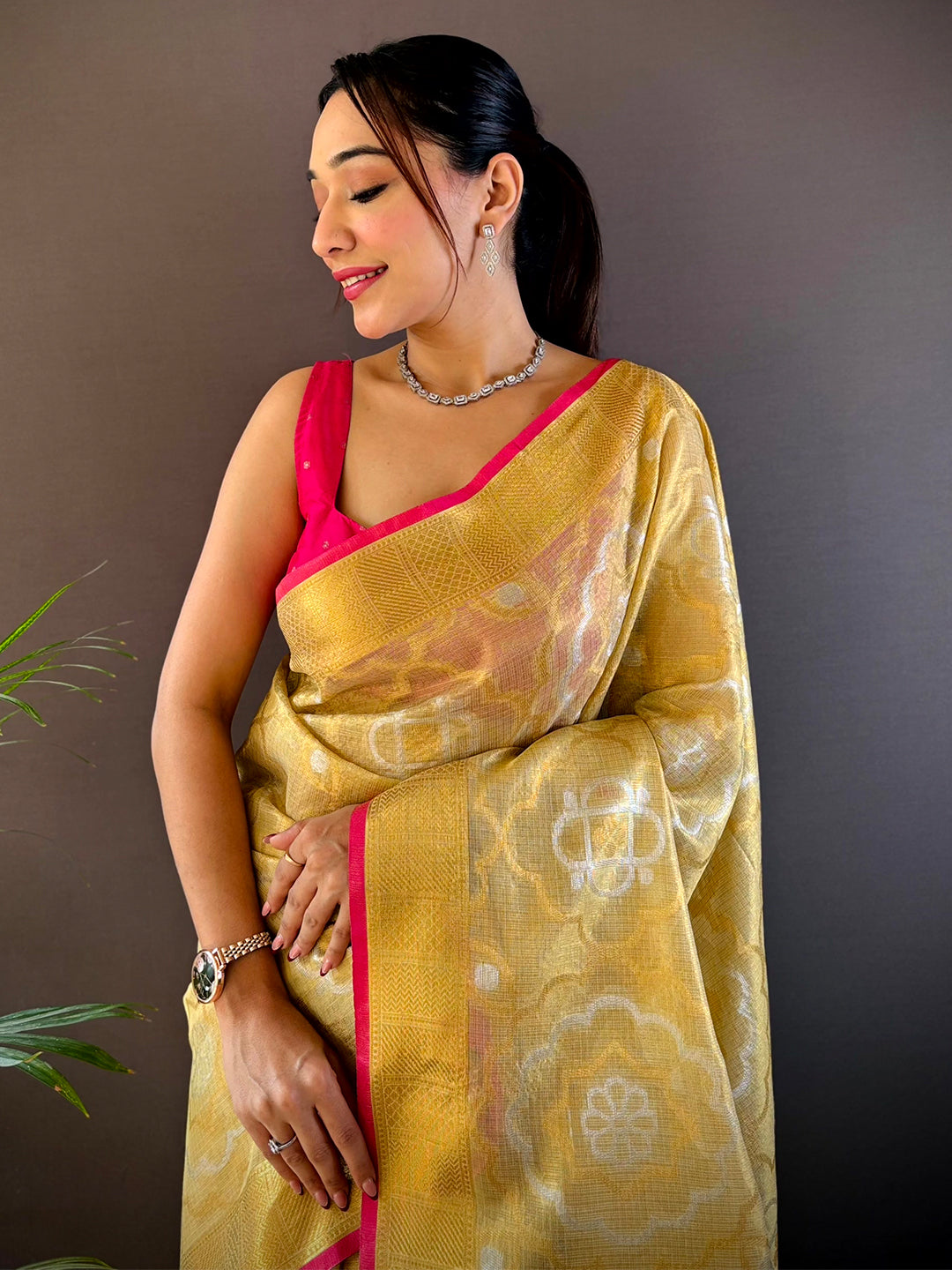 Minakari Floral Saree With Pink Tassels