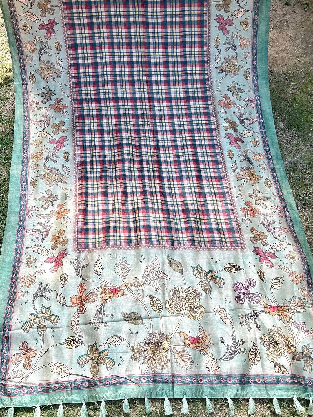 Full view of light green tussar silk saree with floral and chex motifs