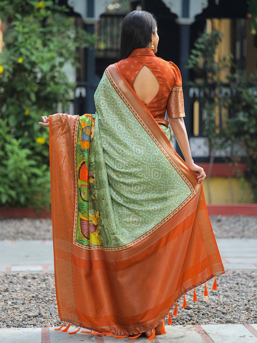 Pista Pure Viscose Dola Silk Saree with Bhandhej Print