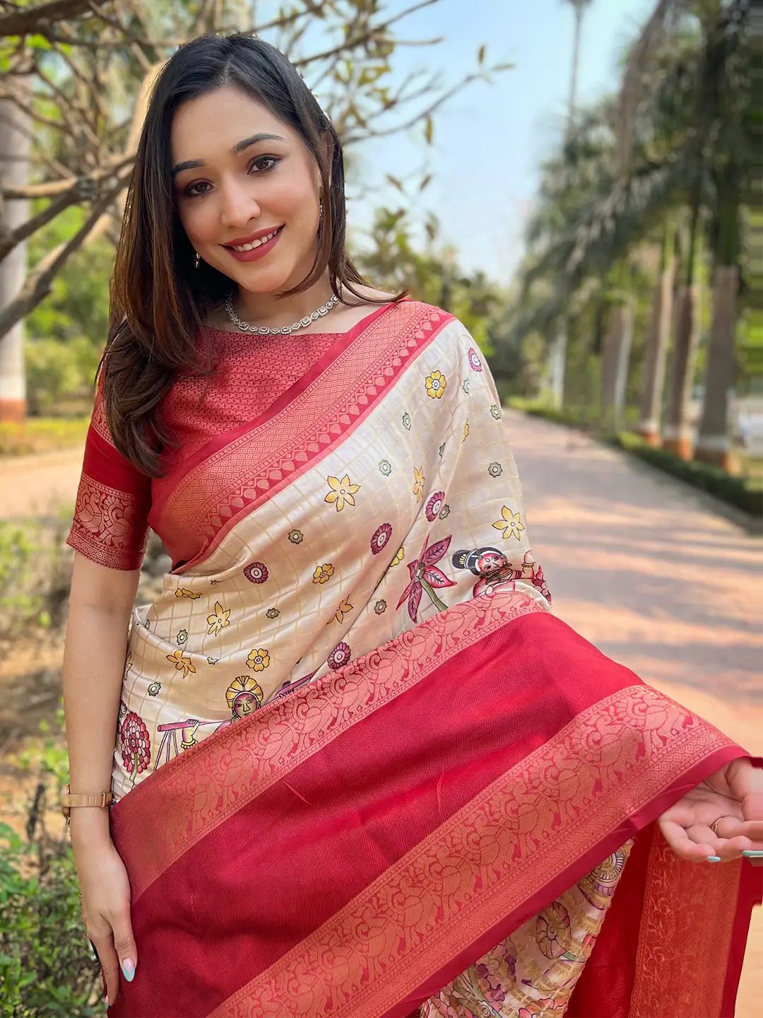 Model showcasing Banarasi Silk Saree with detailed embroidery