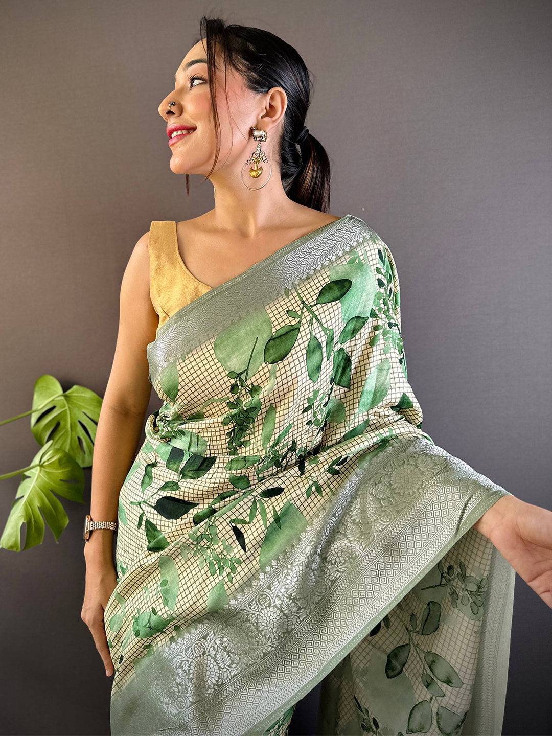 Leaf And Check Light Green Viscose Saree