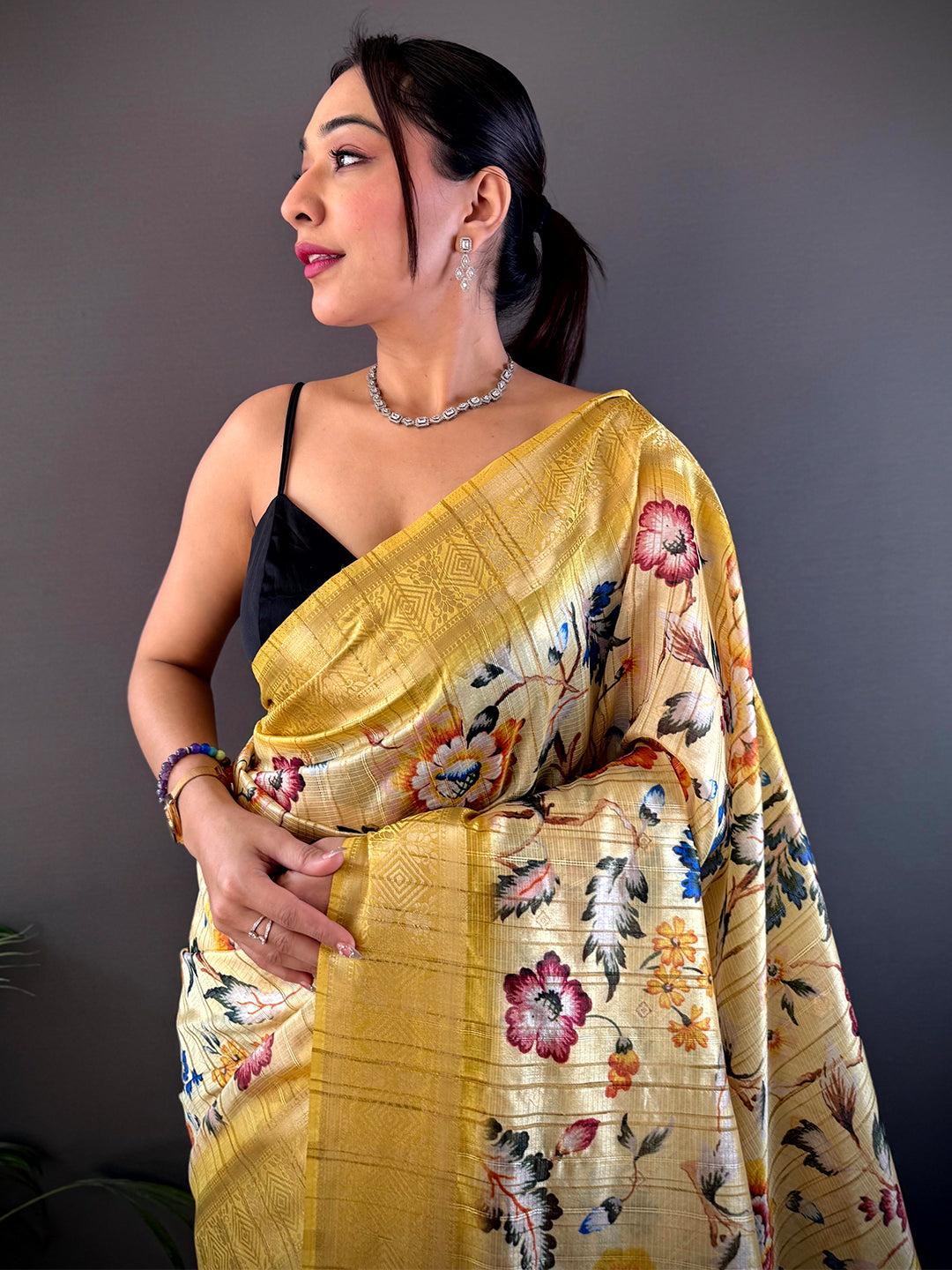 Opulent Banarasi Ghicha Tussar Floral Print Saree