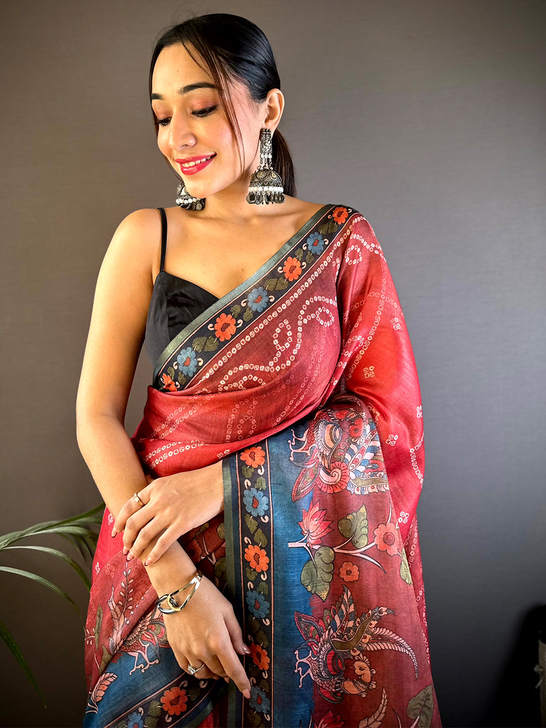 Red Tissue Bandhej Kalamkari Saree