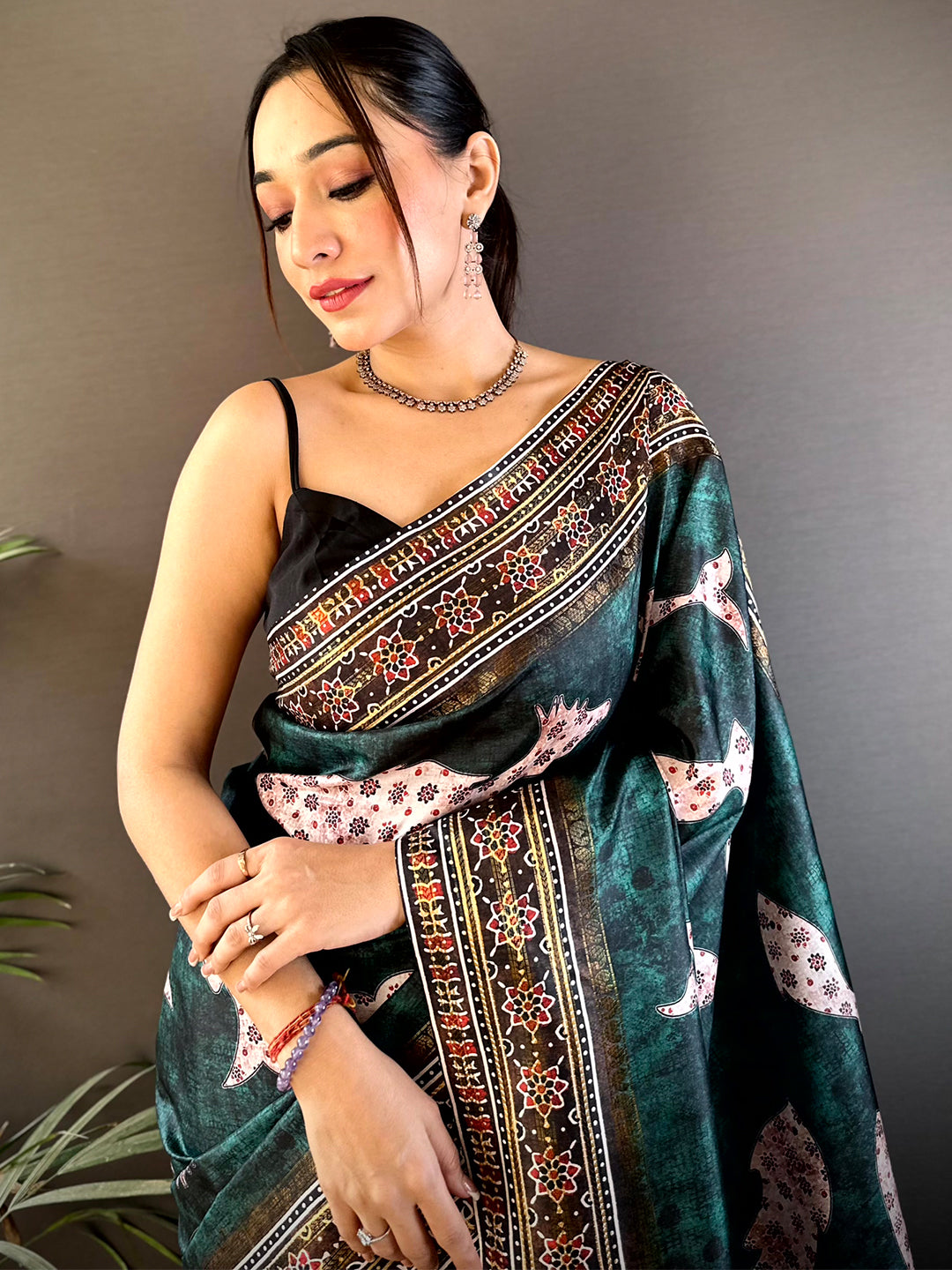 Dark Green Soft Silk Fish Kalamkari Saree