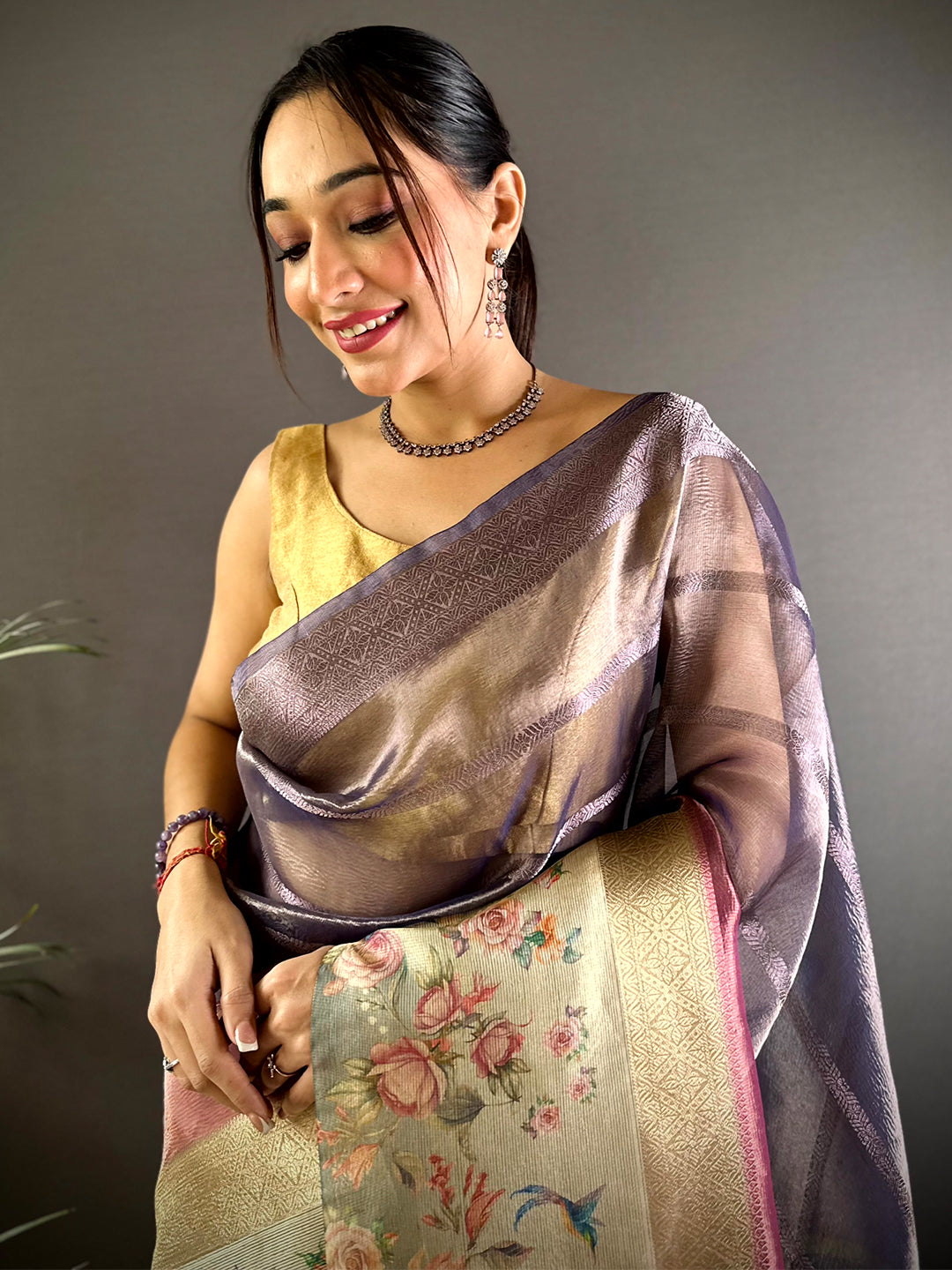 Purple Ombre Zari Tissue Digital Print Saree