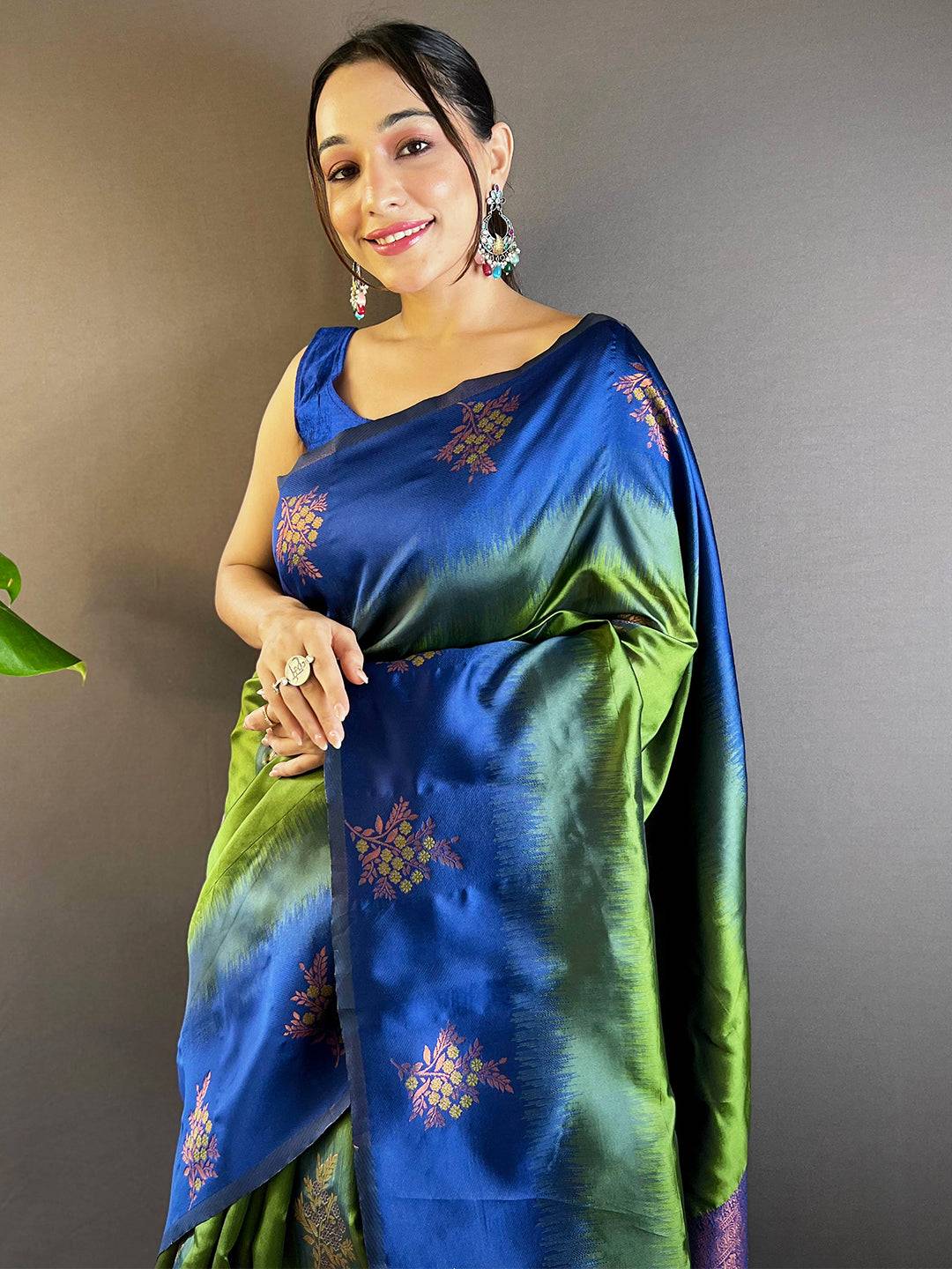 Model wearing Forest Green Sami Banarasi Tussar Silk Saree