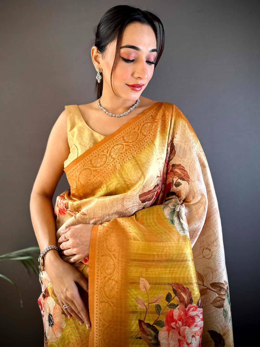 Yellow Banarasi Digital Floral Printed Saree