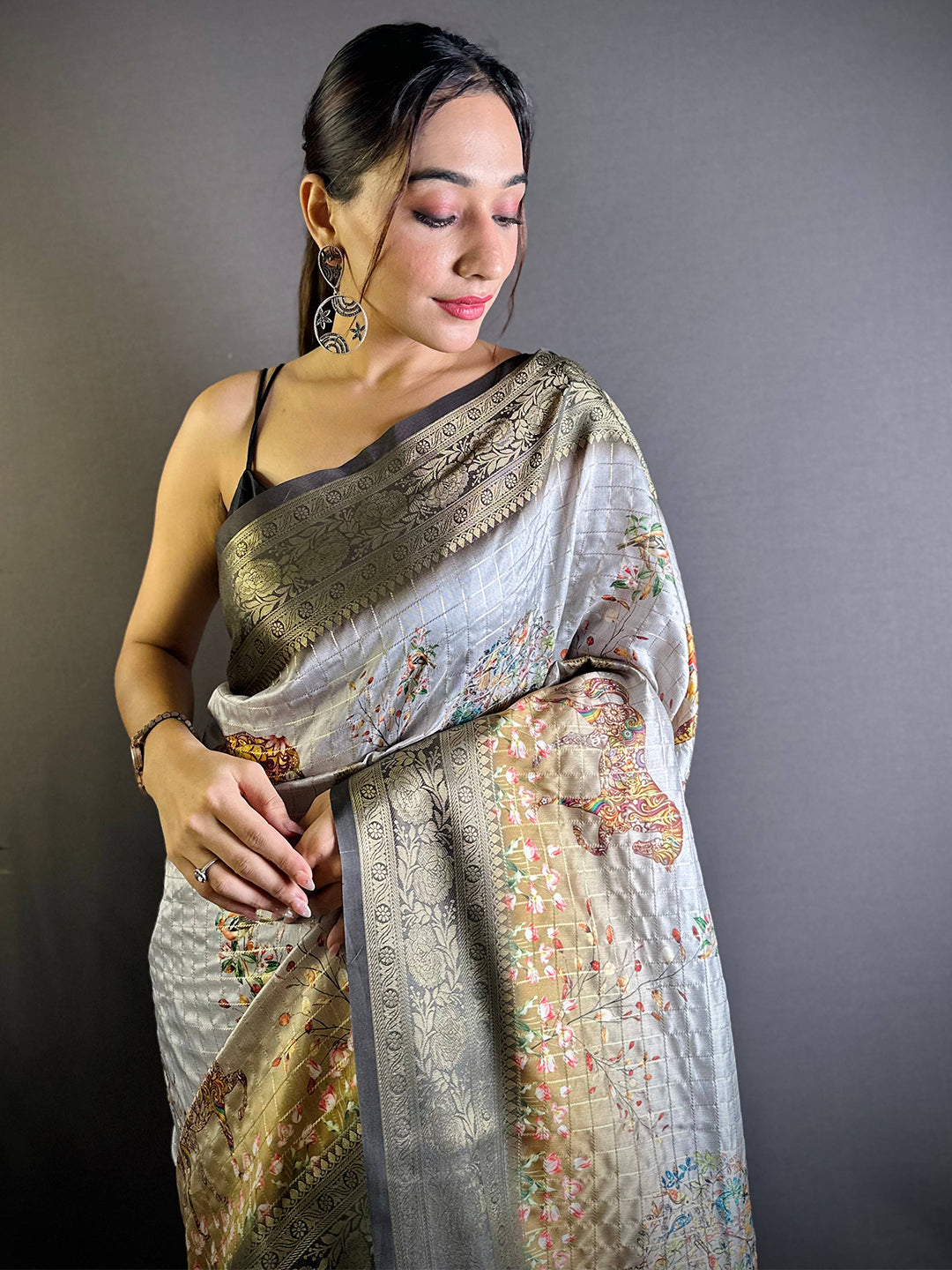 Grey Chex Radiance Banarasi Silk Saree