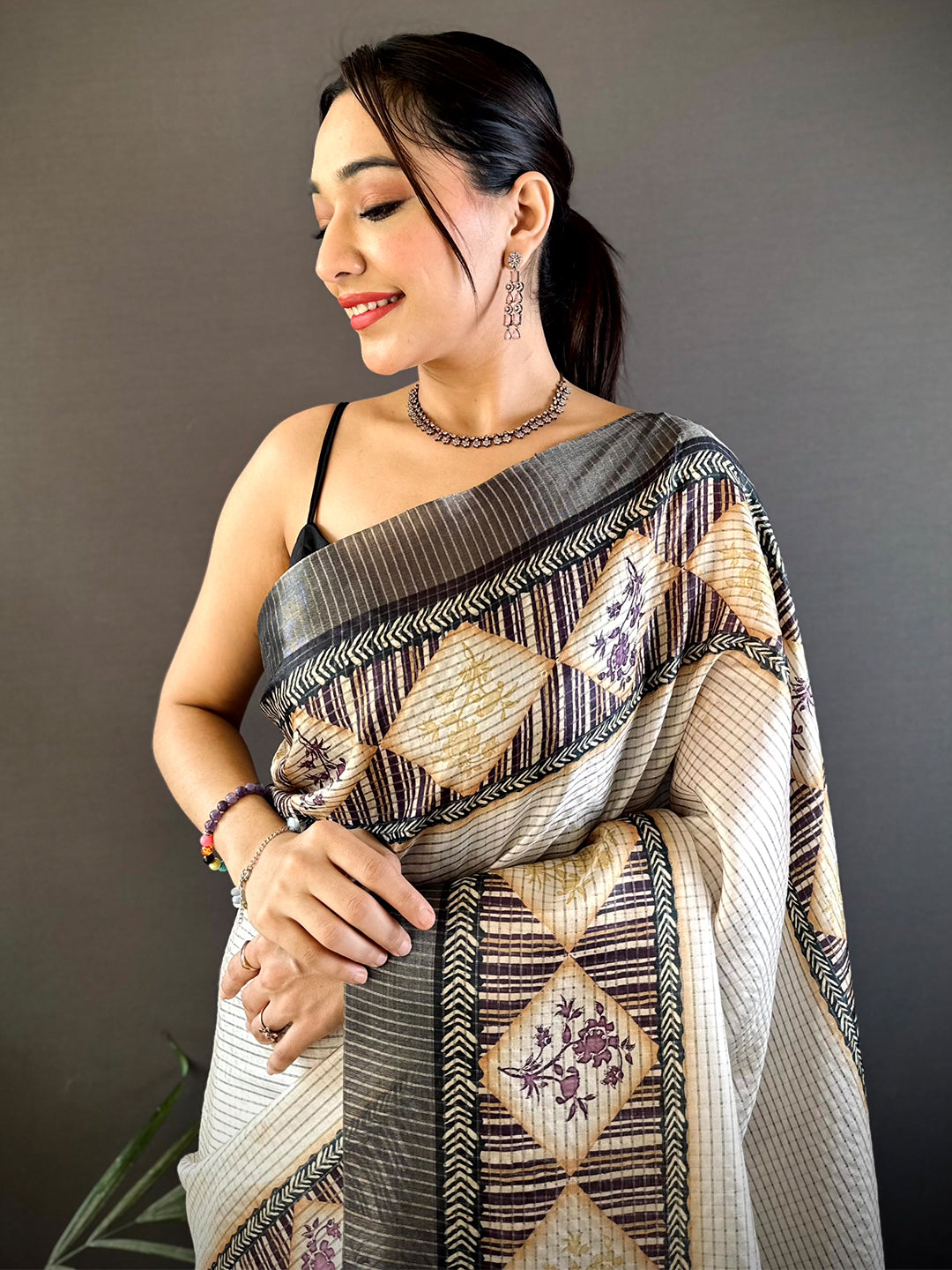 Grey Soft Silk Floral Digital Saree