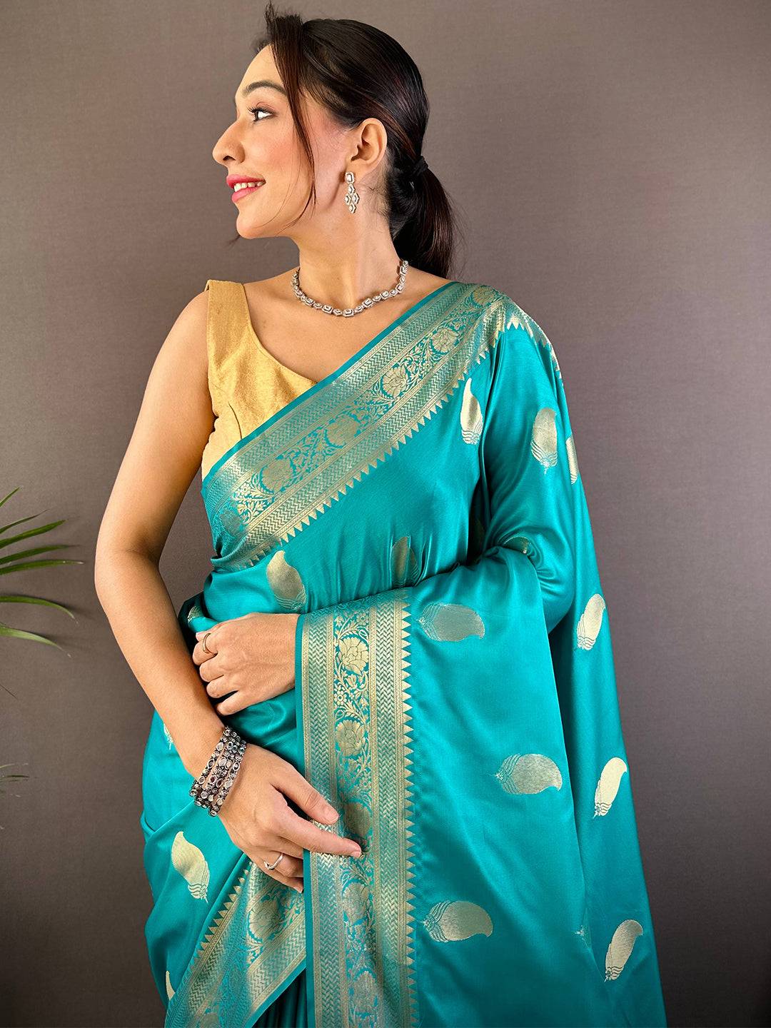 Aqua Banarasi Soft Satin Masru Mango Silk Saree