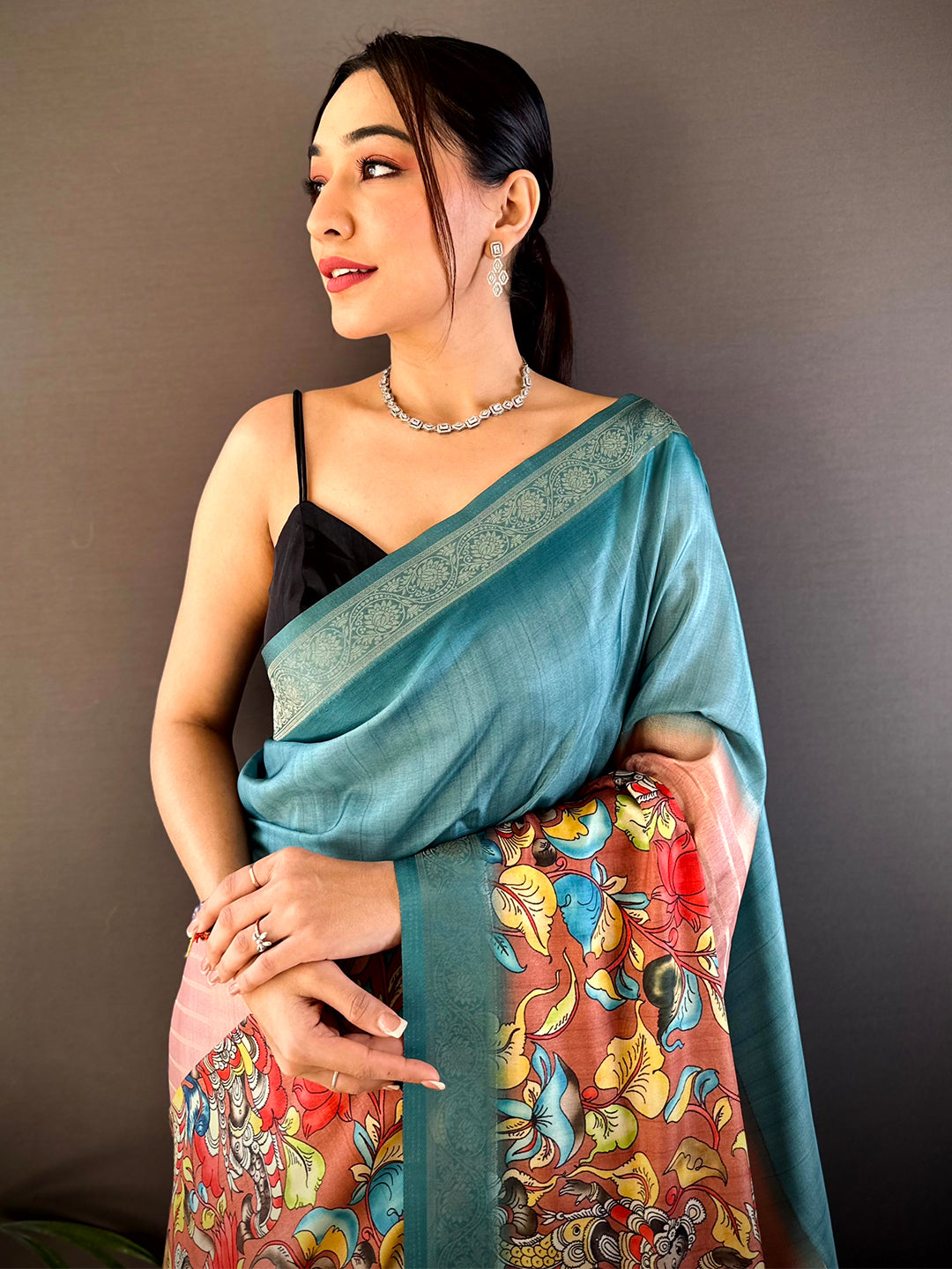 Deep Teal Kalamkari Ombre Soft Silk Saree