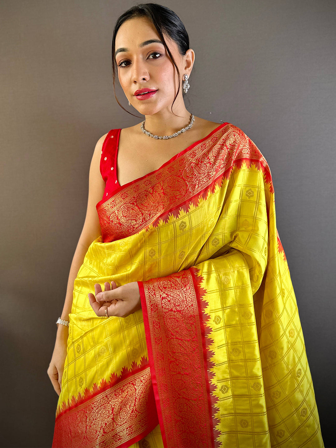 Model wearing Sunshine Yellow Kovai Banarasi Silk Saree