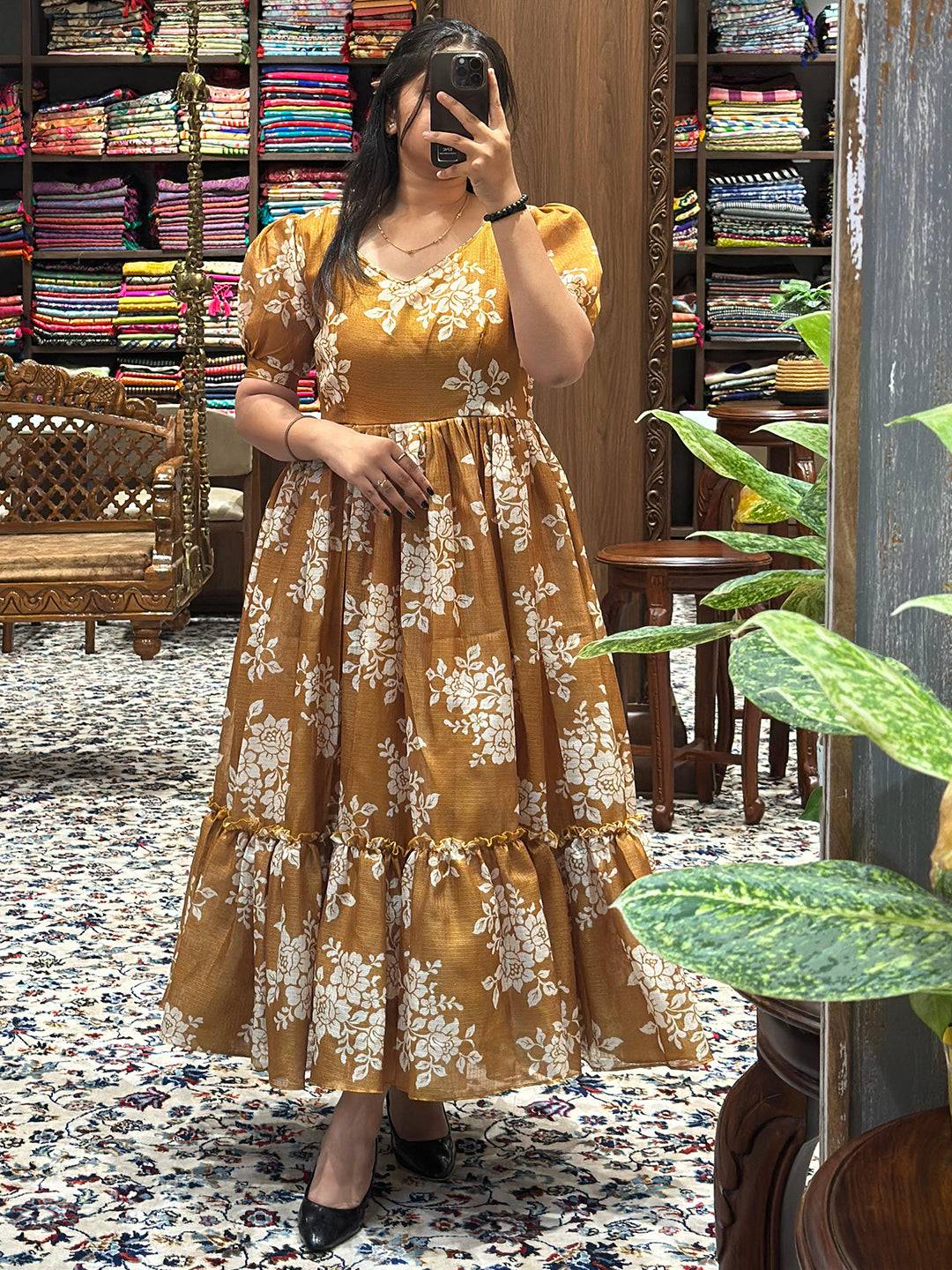 Charming Honey Yellow Floral Midi Dress displayed