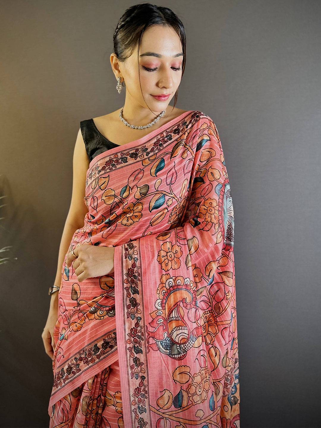 Coral Rose Kalamkari Saree