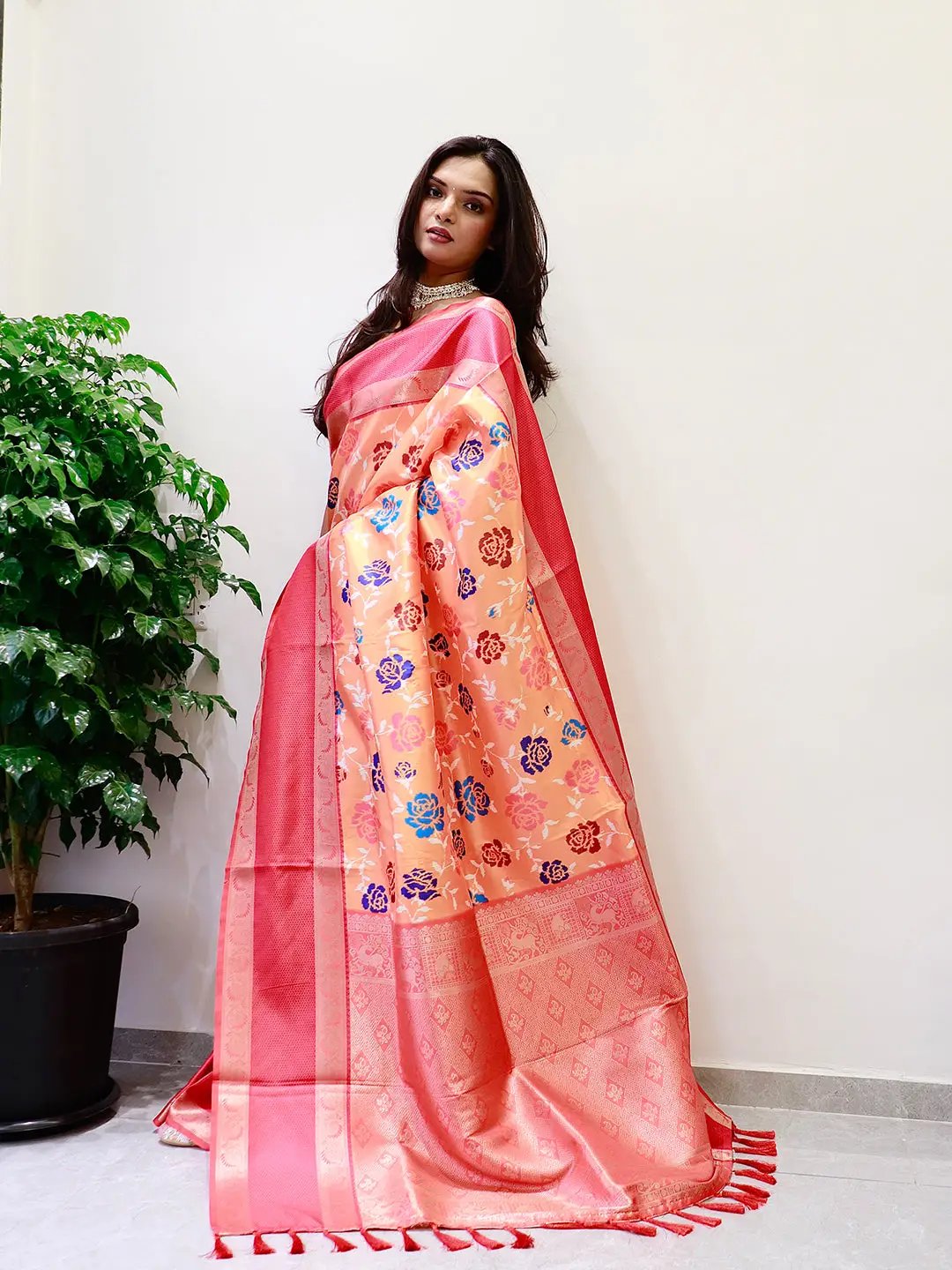 Soft silk Gadwal saree with floral Pochampally print