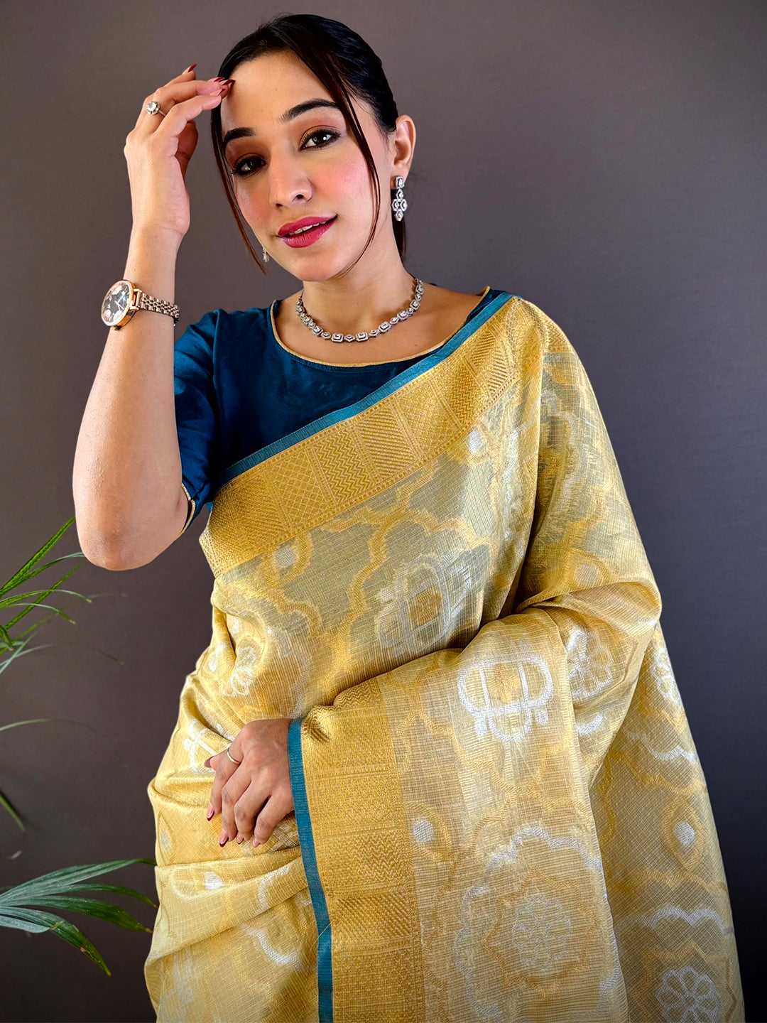 Minakari Floral Saree With Rama Tassels