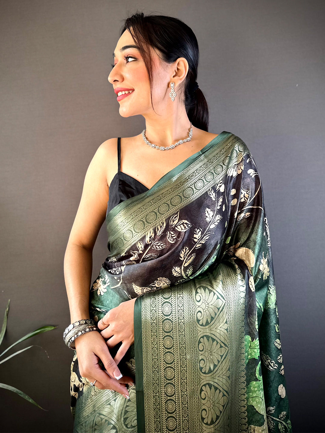 Green Soft Silk Animal Bandhej Saree