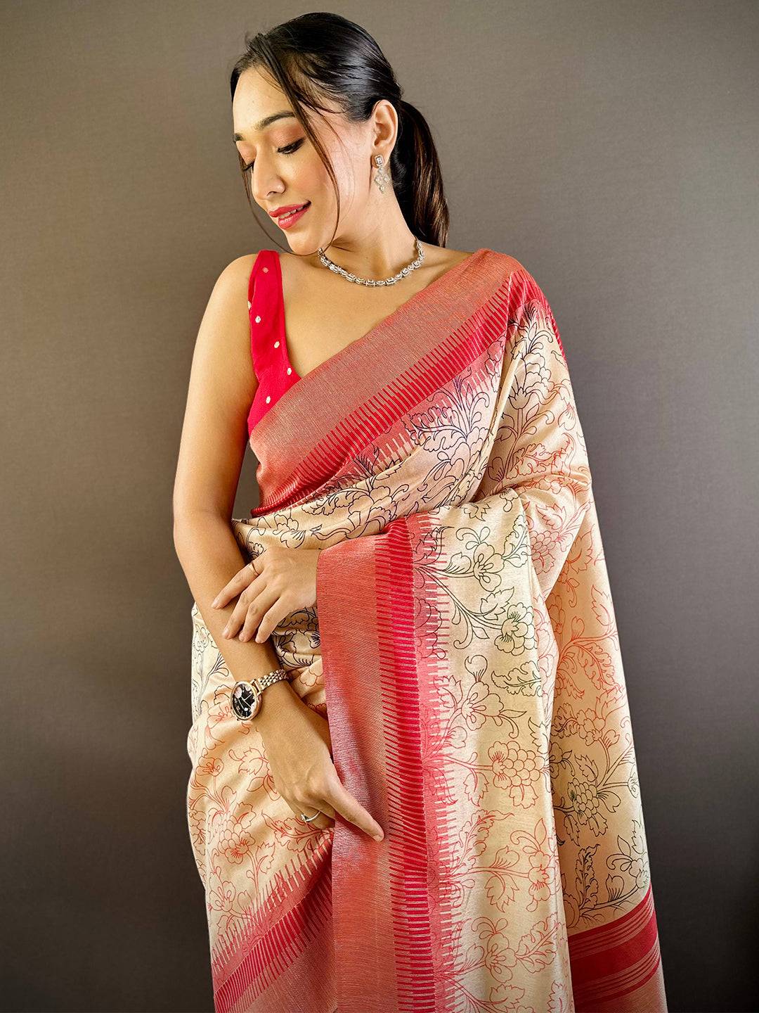 Cream Floral Tussar Silk Saree