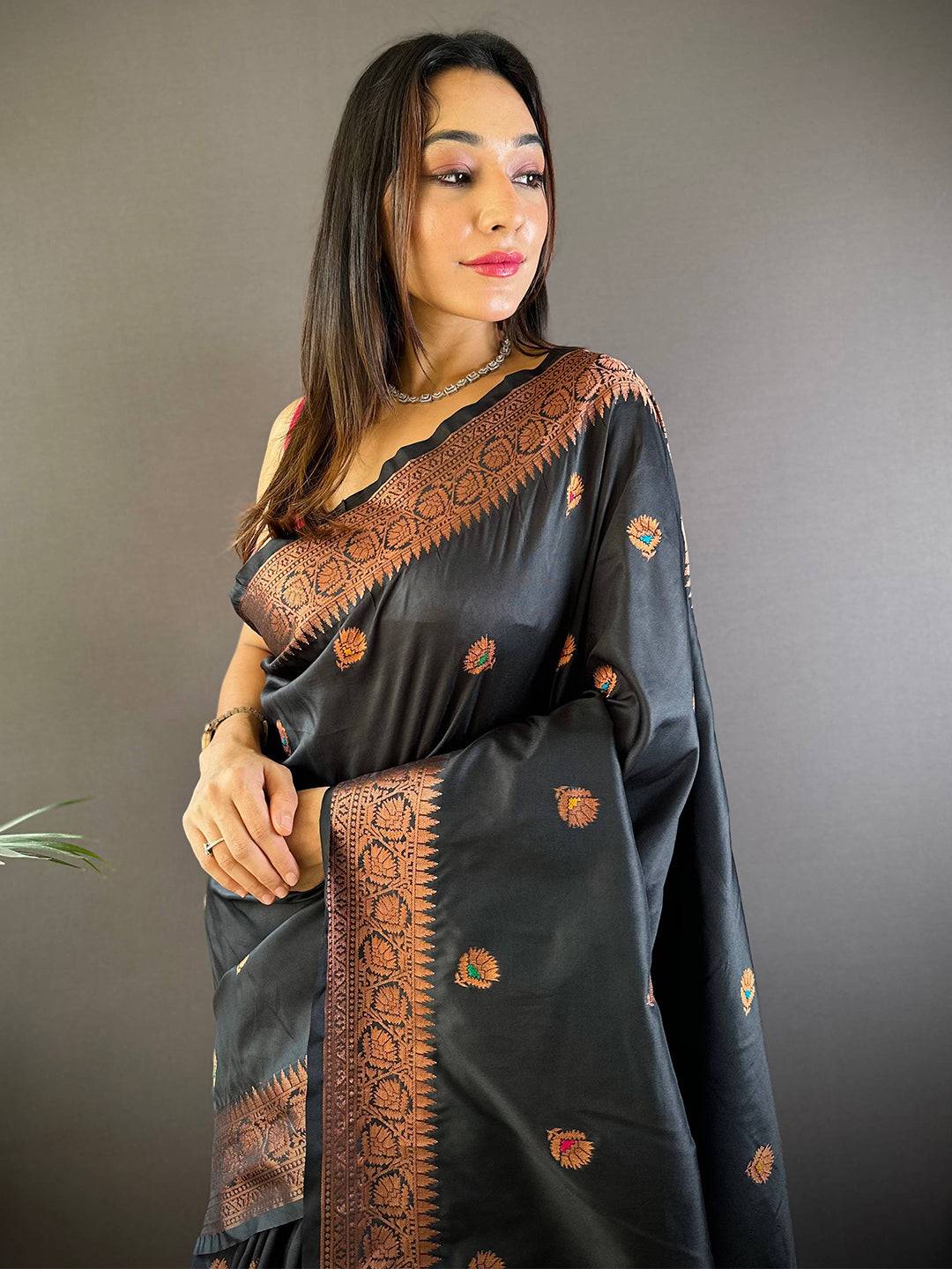 Black Soft Silk Coppar Zari Weaving Saree