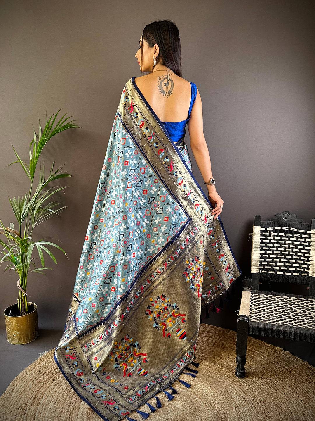 Sky Blue Patola Silk Zari Weaving Saree