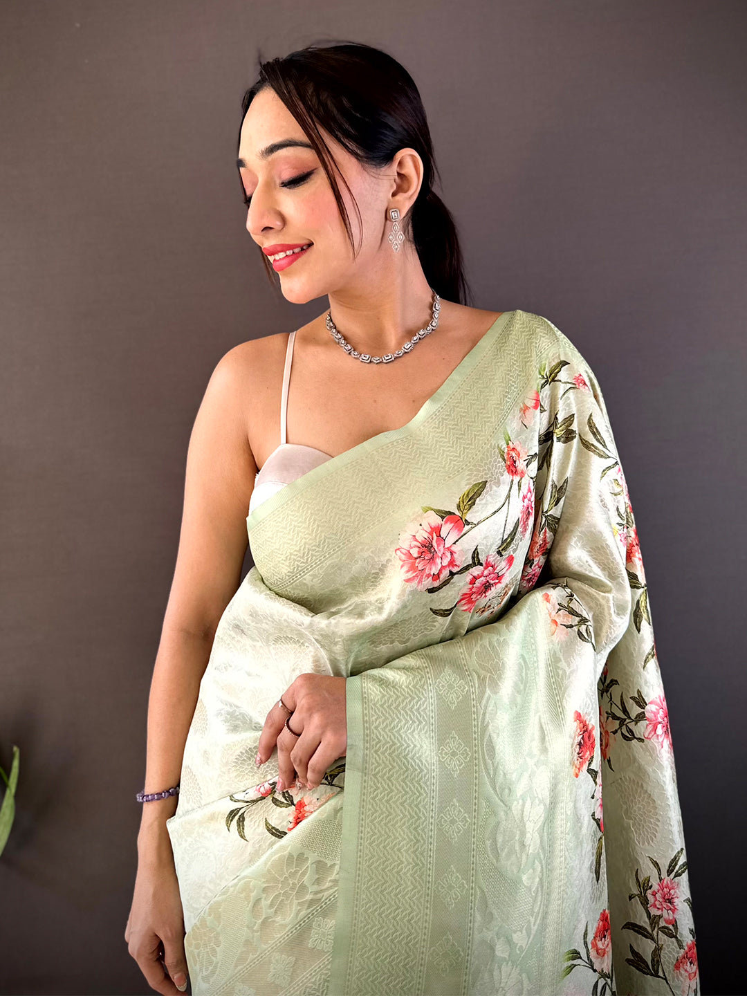 Pastel Green Kanjivaram Digital Silk Saree