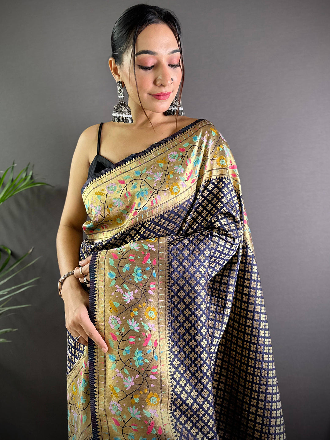 Navy Banarasi Mina Kari Katan Silk Saree