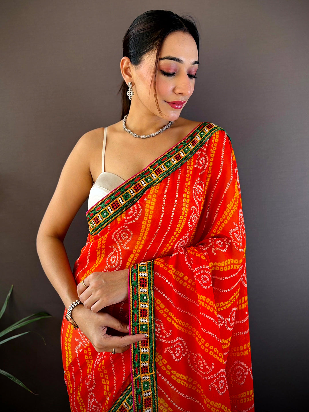 Orange Soft Georgette Katchi Embroidery Saree